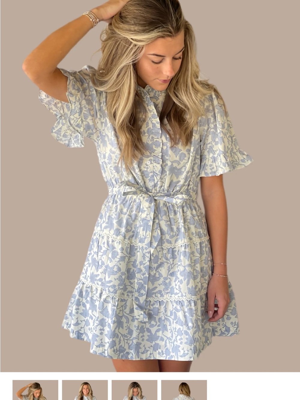Floral Tie-Waist Short Sleeve Dress in Light Blue and White